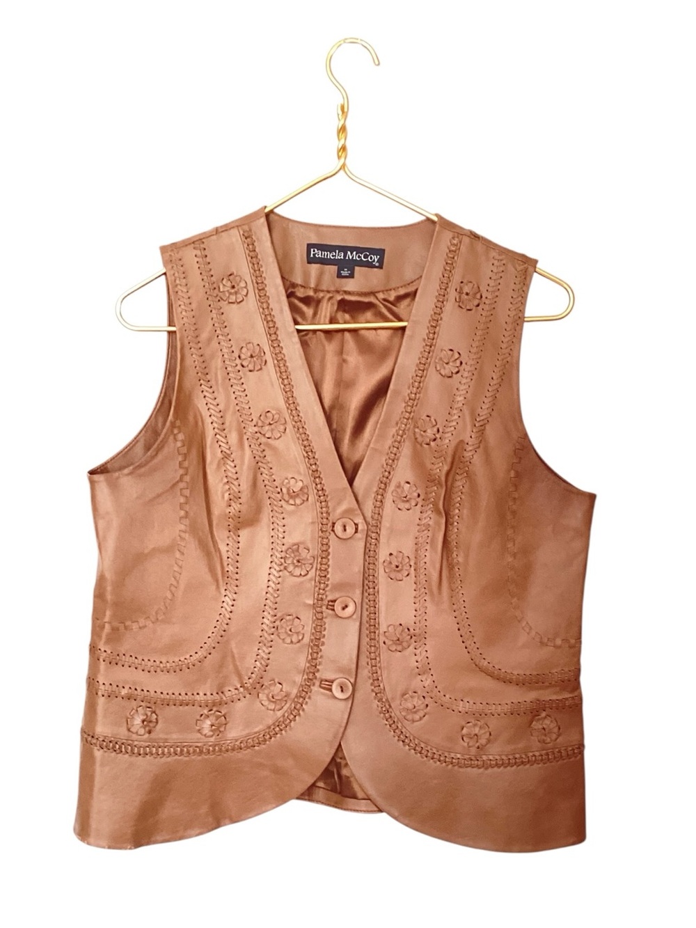 PAMELA McCOY 100% Brown Leather Floral Top Vest Boho Festival Western L